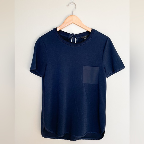 Navy Dress Shirt with Front Pocket, Keyhole Back and Contrast Neckline - Picture 1 of 4